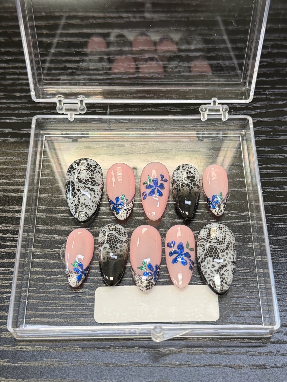 Hand Crafted Pink Black Floral Lace Press-On Nails